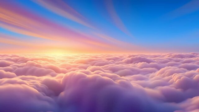 Expansive aerial view revealing multi-layered cloud formations bathed in warm golden sunlight. Delicate purple and pink hues blend seamlessly across stratified atmospheric landscape