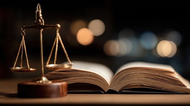 Scales of justice positioned next to an open law book on a wooden table. The background features soft bokeh lights, contributing to a contemplative legal study environment.