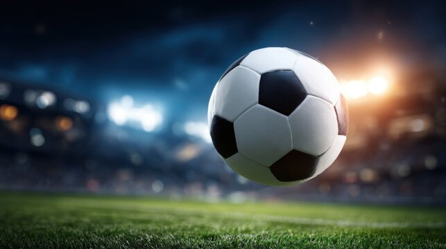 A soccer ball is captured in mid-air as it travels towards the goal during a competitive evening match. Stadium lights illuminate the field and spectators.