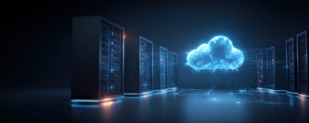 A futuristic data center with glowing servers connected to a digital cloud, symbolizing cloud computing and advanced technology.