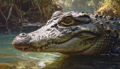 Obraz premium Close-up of a reptile's head, showcasing intricate scales and sharp teeth, emerging from a calm, clear water source.