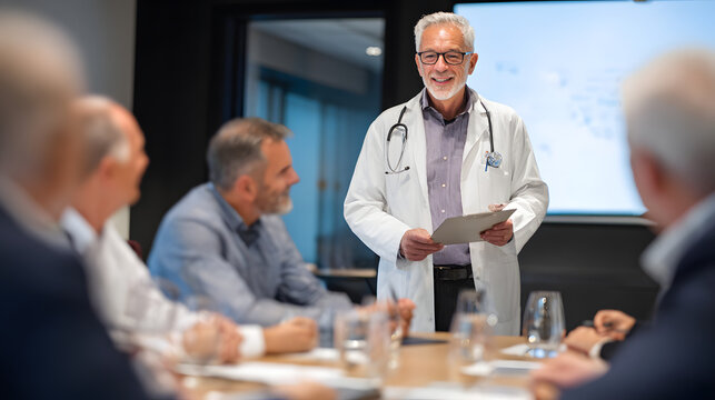 An elderly Caucasian male doctor presents a medical briefing to a diverse group of professionals in a modern conference room.