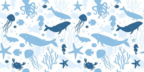 Ocean and Marine Life Blue Seamless Pattern