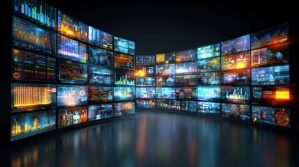 A high-tech analytics dashboard filled with vibrant graphs, charts, and data visualizations creates a futuristic atmosphere. Various metrics illustrate trends and statistics prominently.