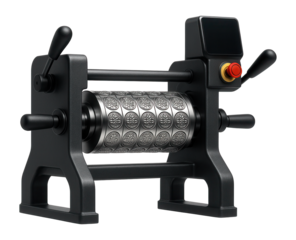 Rotary die machine with a heavy-duty frame and interchangeable die rolls for custom cookie designs in a manufacturing plant.