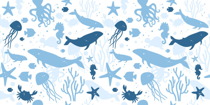 Ocean and Marine Life Blue Seamless Pattern