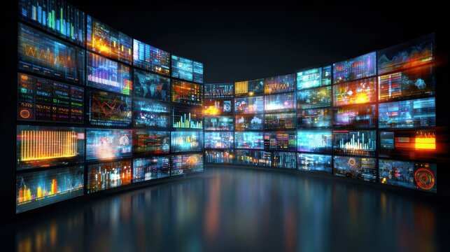 A high-tech analytics dashboard filled with vibrant graphs, charts, and data visualizations creates a futuristic atmosphere. Various metrics illustrate trends and statistics prominently. - Powered by Adobe