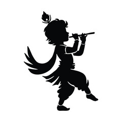 Lord Krishna Silhouette Vector Playing Flute, Hindu God Illustration Design