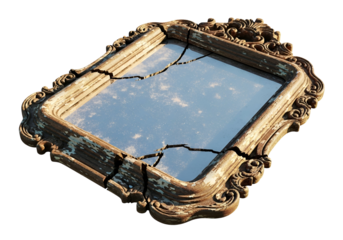 A weathered antique mirror, intricately framed, displays a fractured reflection of the sky.