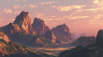 Fototapeta premium A breathtaking view of rugged mountains glowing in warm sunset light, surrounded by a serene valley and vibrant sky filled with soft clouds, highlighting the beauty of nature.