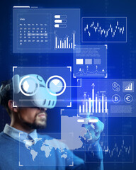 User engaging with virtual reality technology to analyze data and financial trends in a futuristic setting
