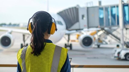 Airport Worker Inspecting Airplane with Tablet Device - Powered by Adobe