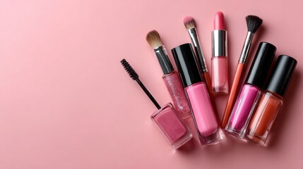 Obraz premium Colorful assortment of makeup items displayed on a pink background for beauty enthusiasts and makeup lovers