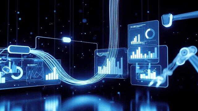 Futuristic data visualization with glowing graphs and charts, showcasing analytics in a tech environment