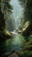 Serene river valley bathed in sunlight