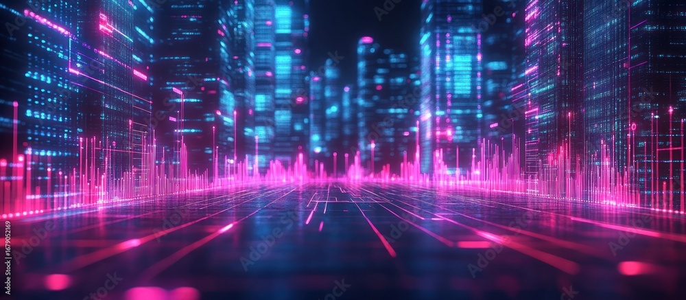 Canvas Prints neon cityscape with glowing digital data streams.