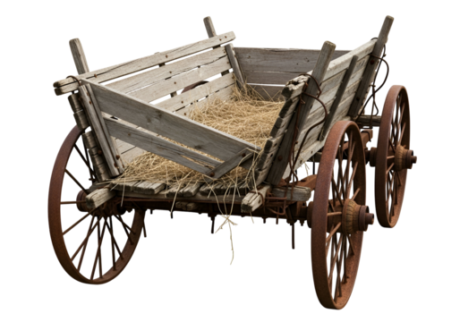 A weathered wooden wagon, laden with straw, displays the passage of time in its aged wood and rusted metal components.