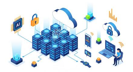 High-tech IT infrastructure, glowing server illustratio