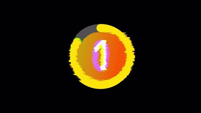 5 second Countdown glitch animation showing number  inside a circular progress bar with bright yellow and orange effects on a black background, symbolizing retro digital and video style.
