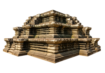Detailed close-up of a tiered stone structure, exhibiting intricate carvings and layered stonework, showcasing the rich architectural heritage of Southeast Asia.