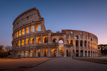 Grand detailed shot of Colosseum in Rome, showcasing its majestic architecture and warm evening glow, evokes sense of history and wonder