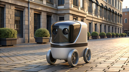3D Render of Delivery Robot Moving on Smart City Street
