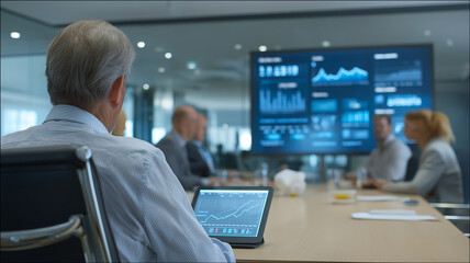 Business meeting is taking place modern boardroom, featuring group of professionals discussing financial data displayed large screen. focus is senior executive reviewing graphs tablet