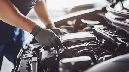 Obraz premium Mechanic Working on Car Engine in Garage Lighting