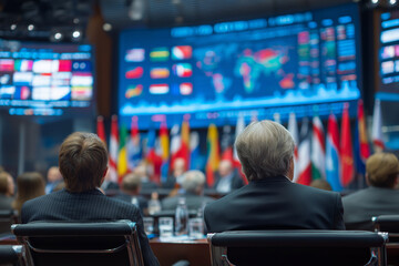 International leaders gather economic summit, discussing global issues with backdrop of flags and digital displays. atmosphere is focused and collaborative, highlighting importance