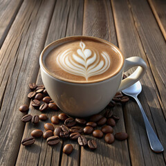 3D Illustration of Coffee Latte with Foam Art in a Ceramic Cup