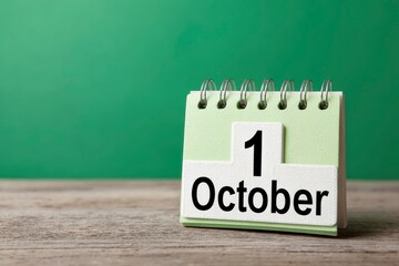 A desk calendar displays 1 October against a green backdrop set on a wooden surface