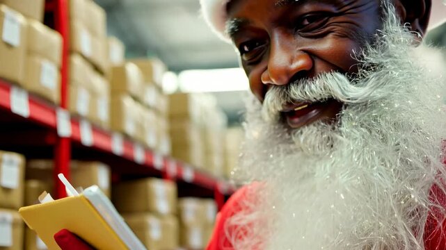African American Santa Claus in the warehouse of his factory and keeps a record of gifts. African American Santa Claus records gifts carefully in his factory warehouse.