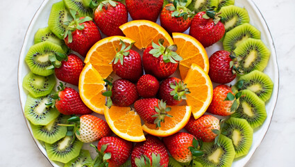Photo of a vibrant platter overflows with freshly sliced strawberries, oranges, and kiwis, arranged artfully for a healthy and refreshing treat