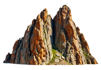 Dramatic rocky mountain peak against a black background, showcasing vibrant orange and gray tones, and intricate textures.