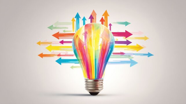 A vibrant light bulb surrounded by multicolored arrows points in various directions, representing creativity, inspiration, and the flow of ideas in a dynamic graphic design.