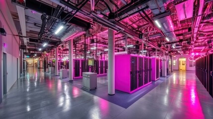 Fototapeta premium Pink-lit modern data center server room interior.