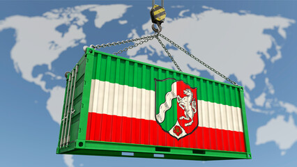 Exportwirtschaft Nordrhein-Westfalen - Container mit NRW Flagge und Weltkarte im Hintergrund