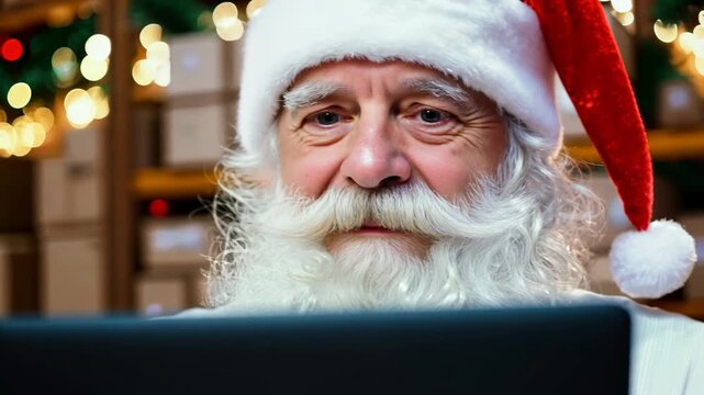 Santa Claus sits in the warehouse of his factory with laptop and keeps a record of gifts. In the factory warehouse, Santa sits with a laptop, logging gift details.
