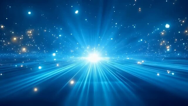 Luminescent energy point projecting vibrant blue luminosity across technological grid landscape. Dynamic spatial visualization with scattered energetic particles radiating from central point.