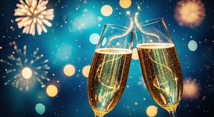 Celebrating New Year's Eve with Sparkling Champagne Toast and Festive Fireworks Display