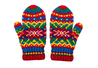 Two vibrant, colorful knitted mittens feature intricate, geometric patterns against a striking black backdrop.