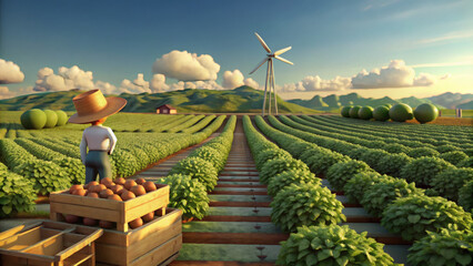Realistic 3D illustration of an organic farm field with crops, greenery, and eco-friendly agricultural layout. Suitable for sustainability, farming, and food industry concepts.