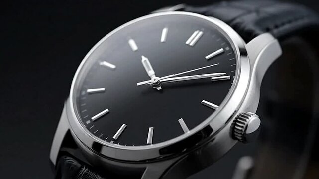 A closeup shows a blackfaced wristwatch with silver hands a matching bezel and a black leather band set against a dark background
