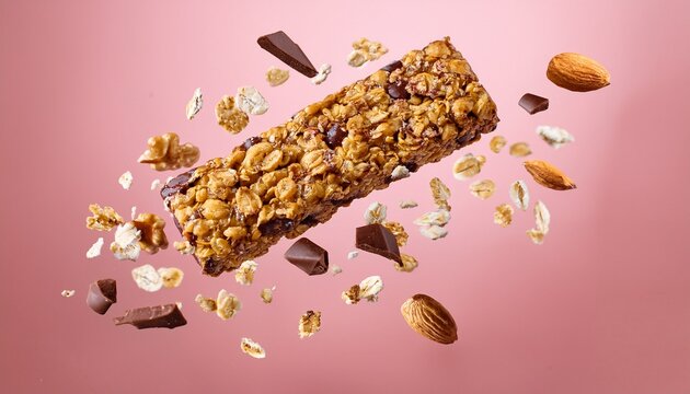 protein bar broken in half levitation crunchy granola bar floating in mid air with scattered oat flakes and nuts healthy snack muesli bar with chocolate flying on pink background cereal bar snack
