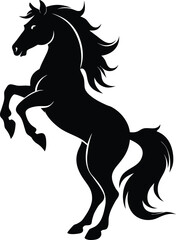 Powerful silhouette of a majestic black horse rearing upward on its hind legs against a clean white background