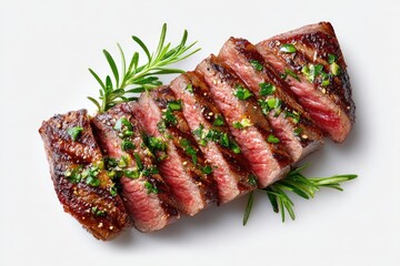 Grilled steak slices atop a white plate