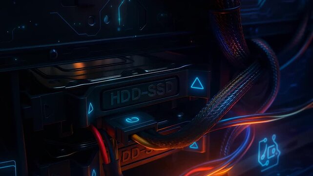 HDD and SSD storage devices with cables in a server system, showcasing digital technology and data storage components