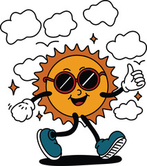 Retro Cartoon Sun Character with Sunglasses Illustration