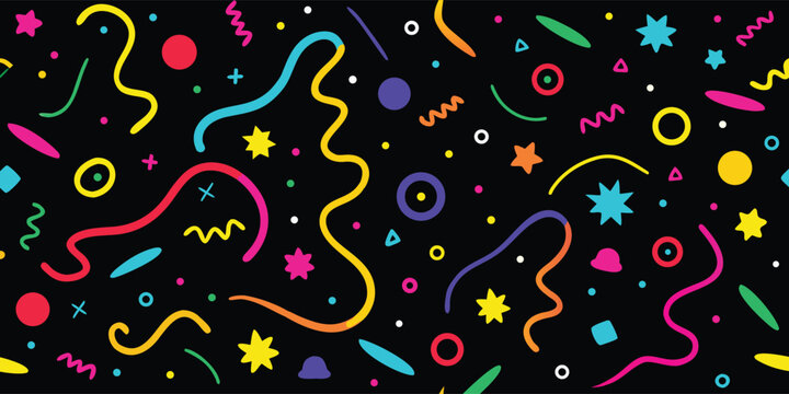 Vibrant and playful abstract pattern featuring colorful confetti streamers stars and squiggles on a dark background perfect for celebrations and parties