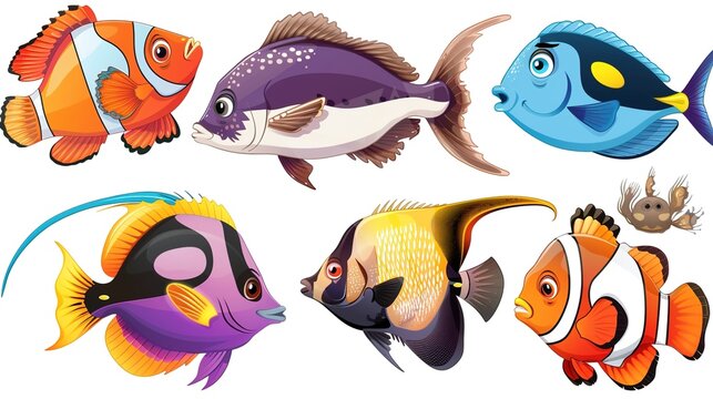 Various Fish on a White Background – a vibrant and playful visual. The colorful fish set against a white backdrop create a lively and eye-catching composition.